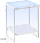 VASAGLE End Table, 2-Tier Side Table with LED Lights, Modern Nightstand, Square Bedside Table, Frosted Glass, Bottom Shelf, for Bedroom, Cloud White and Pearl White ULET232W01 by CozyNest Decor