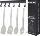 5-Piece Silicone Kitchen Tool Set, BPA-Free, Heat-Resistant, Non-Stick & Dishwasher-Safe, with Slotted/Solid Spoons & Spatulas for Frying, Mixing, Draining – Includes Multi-Purpose Serving Hook(Khaki) by CozyNest Decor