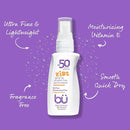 BU SPF 50 Fragrance Free Kids Sunscreen Spray for Face and Body, TSA Travel Size Sunscreen, Clear Non Aeorsol Spray, Non Greasy, Water Resistant and Oil Free, 1 oz (4-pack) by TinyTreasures Baby Boutique