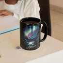 Customized Name Coffee Cup 11oz 15oz, Personalized Northern Lights Landscape Mug, Scenic Mountain And River Black Cup, Custom Northern Lights Inspired Ceramic Mug, Gift For Women by CozyNest Decor