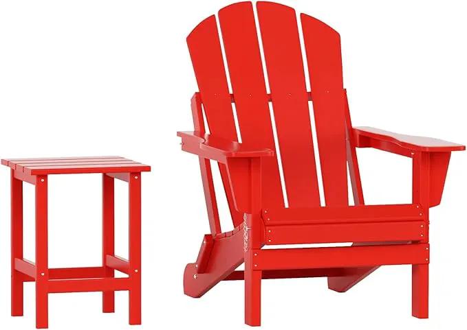 WO Home Furniture Adirondack Chair Table Set of 2 PCS Outdoor Folding Chair w Side Table Weather/UV Resistant for Lawn, Garden, Bon Fire, Balcony (Red)