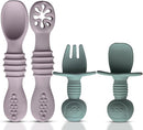 4pc Silicone Baby Spoons Self Feeding Baby Utensils 6-12 Months - 3 Baby Spoon - 1 Baby Fork - Toddler Cutlery Set - BPA Free, Dishwasher Safe, Baby Eating Essentials (Light pink/Army Green) by TinyTreasures Baby Boutique