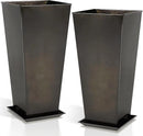 WORTH Garden 25" Large Metal Glazed Planter Set of 2, Luxurious Glossy Finish Black Tall Square Tapered Steel Plant Pots, Decor Flower Pot Indoor & Outdoor, Drainage Hole & Dual-Purpose Plant Saucer by GreenHaven Gardens