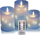 danip Sky Blue LED Flameless Candle, with Embedded Star String, 3-Piece Set of LED Candles, with 11 Button Remote Control, 24-Hour Timer Function, Dancing Flames, Real Wax, Battery Powered. by CozyNest Decor