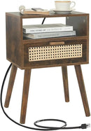 MaxSmeo Small Nightstand with Charging Station, Rattan Side Table Mid Century Modern Bedside Table for Bedroom, Living Room and Small Spaces, Solid Wood Legs (Rustic Brown) by CozyNest Decor