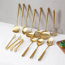 Gold Kitchen Utensils Set, 12 PCS Brass Matte Serving Utensils, 18/10 Stainless Steel All Metal Cooking Tools - Potato Masher, Tongs, Meat Fork, Spatula, Turner, Ladle, Skimmer, Spaghetti Spoon Set by CozyNest Decor