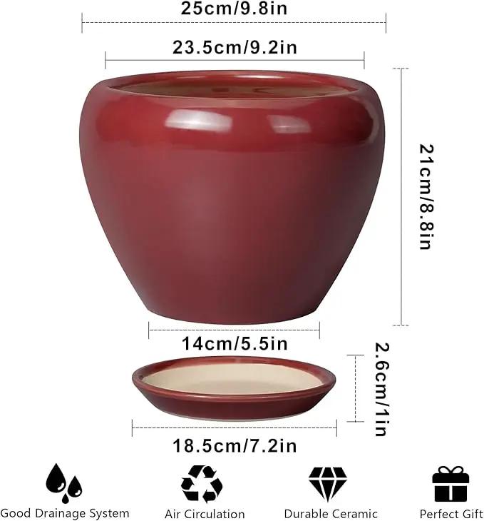 10 Inch Plant Pot - Ceramic Planter Pot with Drainage Hole and Saucer Large Planter for Indoor Plants Round Outdoor Flower Pot Mid-Century Decor Red, photo 3 of 7