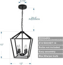 4-Light Lantern Pendant Light,Modern Industrial Black Cage Farmhouse Chandelier for Kitchen Island,12'' Rustic Metal Hanging Lighting Fixture for Dining Room Bedroom Foyer Entry Porch by CozyNest Decor