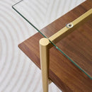 Rectangle Coffee Table, Mid-Century Modern Design, L41 W21 x H17, for Living Room, 2-Tier Structure, Clear Glass Top and Walnut MDF Shelf, Sleek Conical Metal Legs with Gold Finish by CozyNest Decor