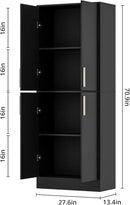 71" Tall Pantry Cabinet, 4 Doors Kitchen Pantry Storage Cabinet, Freestanding Larder Cupboard, Kitchen Hutch with Gold Handles for Dining Room, Bathroom, Black by CozyNest Decor