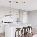 Modern Gold Pendant Light 3 Pack Brushed Brass Mid Century Chandelier Amber Glass Shades Adjustable Rods Farmhouse Ceiling Hanging Lighting Fixture Kitchen Island Dining Room Bedroom