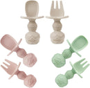 PandaEar 6 Pack Silicone Baby Spoons and Fork Feeding Set- Anti-Choke First Self Feeding Utensils for Baby Led Weaning Ages 3 Months (Pink, Green&Linen) by TinyTreasures Baby Boutique