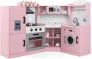 Costzon Corner Kids Kitchen Playset, Wooden Play Kitchen with Sounds & Lights, Washing Machine, Range Hood, Ice Maker, Microwave, Oven, Sink, Pretend Toy Kitchen Set for Toddler, Gift for Boys Girls by TinyTreasures Baby Boutique