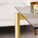 Glass End Table, Mid-Century Modern Design Sofa Table, for Living Room, L18 x W18 x H23 in, Clear Glass Top and Walnut MDF Shelf, Sleek Conical Metal Legs with Gold Finish Frame by CozyNest Decor