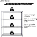 60"x18"x72" Black Premium Metal Steel Wire Shelving 4-Tier NSF 3200 LBS MAX Capacity Heavy Duty Storage Rack for Garages, Commercial Spaces, Hospitals, & Schools w/Premium Wheels by CozyNest Decor