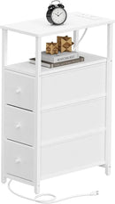 TUTOTAK Narrow Night Stand with Charging Station, Slim End Table with Plugins, Tall Side Table with 3 Fabric Drawer, Small Bedside Table with Storage, Living Room, Bedroom, White TB01BW086 by CozyNest Decor
