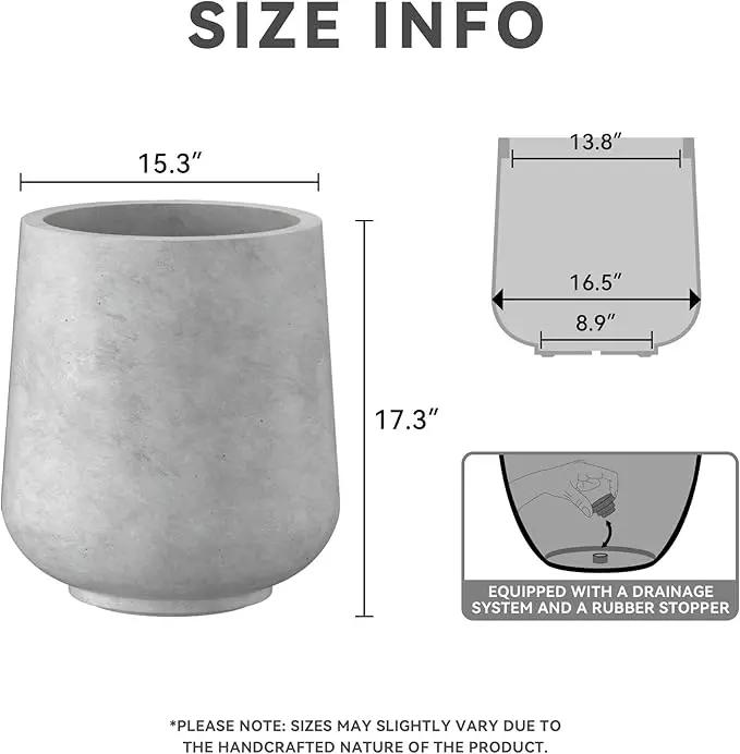 Kante 15.3" Dia Round Concrete Planter, Outdoor Indoor Large Plant Pots Containers with Drainage Hole and Rubber Plug for Home Garden Patio, Natural Concrete, photo 9 of 15