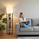 HomeFocus - Floor Lamp with Shelves,Shelf Floor Lamp with LED Bulb,Bookshelf Corner Display Lamp for Living Room,Bedroom and Office,White Linen Shade,Rustic Wood,Black by CozyNest Decor