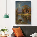 Small house by the stream under the moonlight tranquil style suitable for living room bedroom and office landscape poster wall art by CozyNest Decor