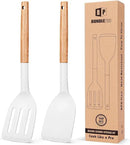 Pack of 2 Silicone Cooking Spatula, Heat Resistant Solid Turner, Non Stick Slotted Spatulas with Wooden Handle,Ideal Wood Kitchen Utensils Set for Frying, Baking, Flipping, Turning (WHITE) by CozyNest Decor