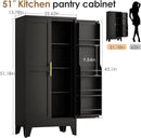 51" Kitchen Pantry Cabinet, Metal Storage Cabinet with 3 Adjustable Layer Shelves, 8 Door Shelves, Buffet Sideboard for Living Room, Kitchen, Black by CozyNest Decor