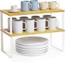 SpaceAid Cabinet Shelf Organizers 2 Pack, Kitchen Counter Rack Shelves Riser, Stackable Expandable Spice Rack, Pantry Cupboard Storage Organization (White and Natural, Long) by CozyNest Decor