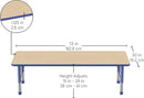 FDP Rectangle Activity School and Classroom Kids Table (30 x 72 inch), Chunky Toddler Leg, Adjustable Height 15-24 inches - Maple Top and Blue Edge by CozyNest Decor
