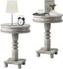 COSIEST Set of 2 Rustic Accent Side Table, Farmhouse Wood Pedestal Table Round End Table for Living Room, Bedroom, Distressed Whitewash Finish, Grey Color by CozyNest Decor