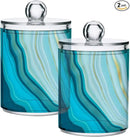 2 Pack Qtip Holder Dispenser Teal Turquoise Blue Marble Bathroom Storage Canister Lid Acrylic Plastic Apothecary Jar Set Vanity Makeup Organizer for Cotton Swab/Ball/Round Pads, Floss by CozyNest Decor