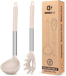 Silicone Pasta Fork and Ladle Spoon Set, Large Non Stick Kitchen Utensils for Cooking,Stirring,Serving Spaghetti, Soup, Sauce (KHAKI) by CozyNest Decor