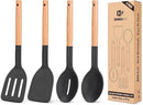 Pack of 4 Silicone Cooking Utensils Set, Non Stick Solid Spatulas and Heat Resistant Slotted Spoons with Wooden Handle, Ideal Wood Kitchen Utensils Set for Frying,Serving,Turning,Stirring (BLACK) by CozyNest Decor