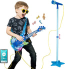 TAKIHON Guitar and Microphone Set for Kids,Guitar Toys with Music&Colorful Light,Adjustable Height Microphone with Stand,Karaoke Toys Gift for Boy,Girls,Toddlers(Blue)-Upgraded by TinyTreasures Baby Boutique