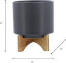 Sagebook Home 8" Ceramic Planter, Matte Gray Planter, Indoor/Outdoor Planter on Wooden Stand - Use for Succulent Pot, Plants, Flowers and More by GreenHaven Gardens