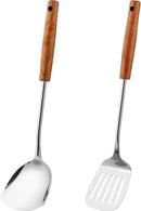 FJNATINH Spatulas and Turner Set - Stainless Steel Wok Tools, Wok Utensil,Stainless Steel Cooking Utensils 14.6-15.2" Kitchen Utensils Cookware (Wood Handle-Spatulas 2PCS) by CozyNest Decor