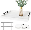 Coffee Table Tray - Large Ottoman Tray for Living Room - Wood Serving Tray with Handles(2 Sets) - Wooden Tray for Coffee Table, 4 Round Coasters Included, White by CozyNest Decor