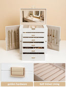 BOOVO Jewelry Box For women, 6 Layer Large Jewelry Organizer With Mirror, Multi-Function Storage Box With Lock, Necklace Holder With 5 Drawers, For Earrings Necklace Bracelet (White and Gold) by TinyTreasures Baby Boutique