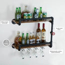Wine Rack Wall Mounted 2 Tier, Hanging Floating Small Mini Bar Liquor Shelves with Glass Holder Storage Under, Industrial Rustic Pipe Farmhouse Kitchen Decor Black(23.6x10.6x19.7) by CozyNest Decor
