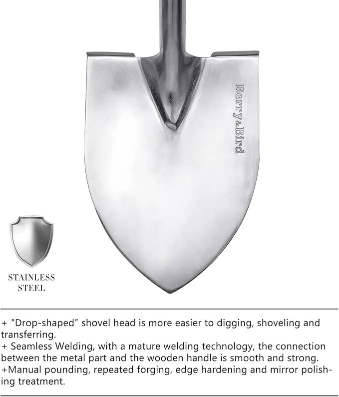 Berry&Bird Round Point Gardening Shovel with Wood D-Handle, 40.98" Stainless Steel Beach & Snow Shovel, photo 3 of 8