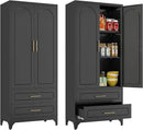 Kitchen Pantry Cabinet, 75" Tall Metal Pantry Cabinet with Two Drawers, Food Cupboards with Doors and Shelves, Freestanding Storage Cabinets for Dining, Living Room, Black, Assembly Required by CozyNest Decor