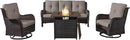 Outdoor Patio Furniture Set with 50000BTU Propane Fire Pit Table, 4 Pieces Wicker Patio Conversation Set with 2 Swivel Rocker Glider Chairs Rattan Sofa Grey Cushion Perfect for Gathering by GreenHaven Gardens