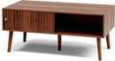 Coffee Table with Storage, Mid Century Dining Table with Sliding Fluted Door and Solid Wood Legs, Small Coffee Tables for Living Room, Walnut by CozyNest Decor