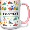 Personalized Mug for Kids - Vehicles - Custom Name/Text, Ceramic Hot Chocolate/Cocoa/Coffee Cup for Boys, Birthday/Christmas/Holiday Gift - 15 oz, Pink Handle by TinyTreasures Baby Boutique