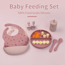 Silicone Baby Feeding Set, Baby Led Weaning Supplies, Baby Spoons Suction Divided Plate Bib Cup, First Stage Solid Food Eating Utensils - 6+ Months(Pink-Red) by TinyTreasures Baby Boutique