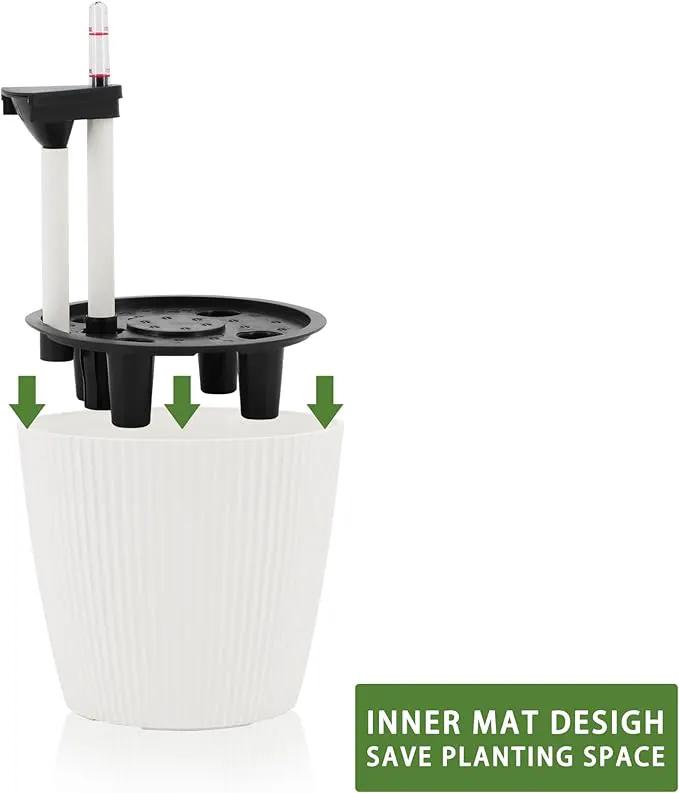Dexceder 13x12 Self Watering Planters Indoor, Inner Mat Design, Floor Standing Flower Plant Pot with Water Level Indicator (2 Pack, White), photo 4 of 6