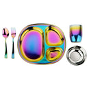 Ahimsa Stainless Steel Kids Dinnerware Set - 5 Piece Stainless Steel Toddler Plates and Bowls Set, Pediatrician Designed, Non Toxic Toddler Plate and Bowl, Kids Utensils and Cup (Rainbow) by TinyTreasures Baby Boutique