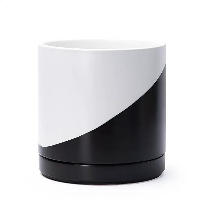 D'vine Dev 8.2 Inch Ceramic Planter Pot with Drainage Hole and Saucer, Indoor Cylinder Round Planter Pot, Oblique Monochrome Black and White, 94-O-D-K