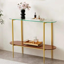 Oval Glass Console Table for Living Room, Foyer & Entrance, 2-Tiers Mid-Century Modern Sofa Table with Clear Glass Top, Walnut Finish Wood Shelf and Gold Finish Frame by CozyNest Decor