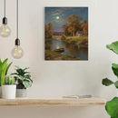 Small house by the stream under the moonlight tranquil style suitable for living room bedroom and office landscape poster wall art by CozyNest Decor