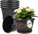 6 Pack 8 inch Plant Pots, Retro Pattern Planters with Drainage Holes and Saucer, Sturdy Plastic Garden Flower Pots for Indoor & Outdoor Plants by CozyNest Decor