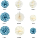 Dusty-Blue White Birthday Party-Decorations Paper-Flowers - 14pcs Happy Banner Boy Lanterns Tissue Pom Poms,Men Streamers Garland Fans Honeycomb,Baby Teen Male Kids Hanging Supplies Decor Hugfond by CozyNest Decor